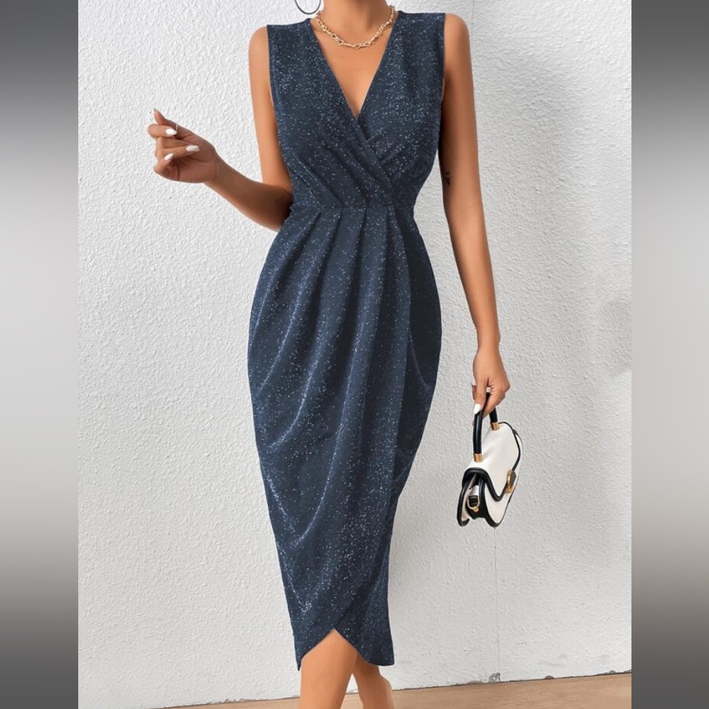SHEIN Privé Surplice Neck Ruched Tulip Hem Zip Back Glitter Dress